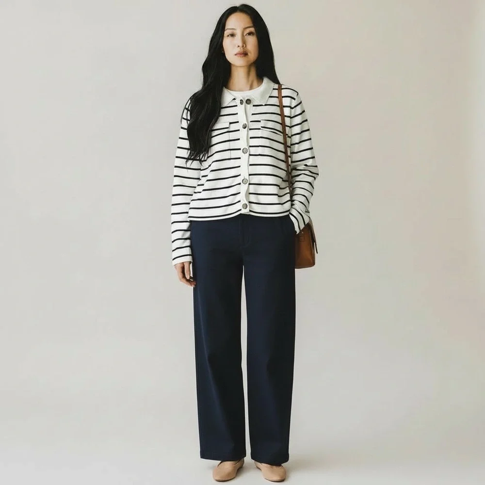 Loft Women’s L Off-White & Navy Striped Collared Knit Cardigan